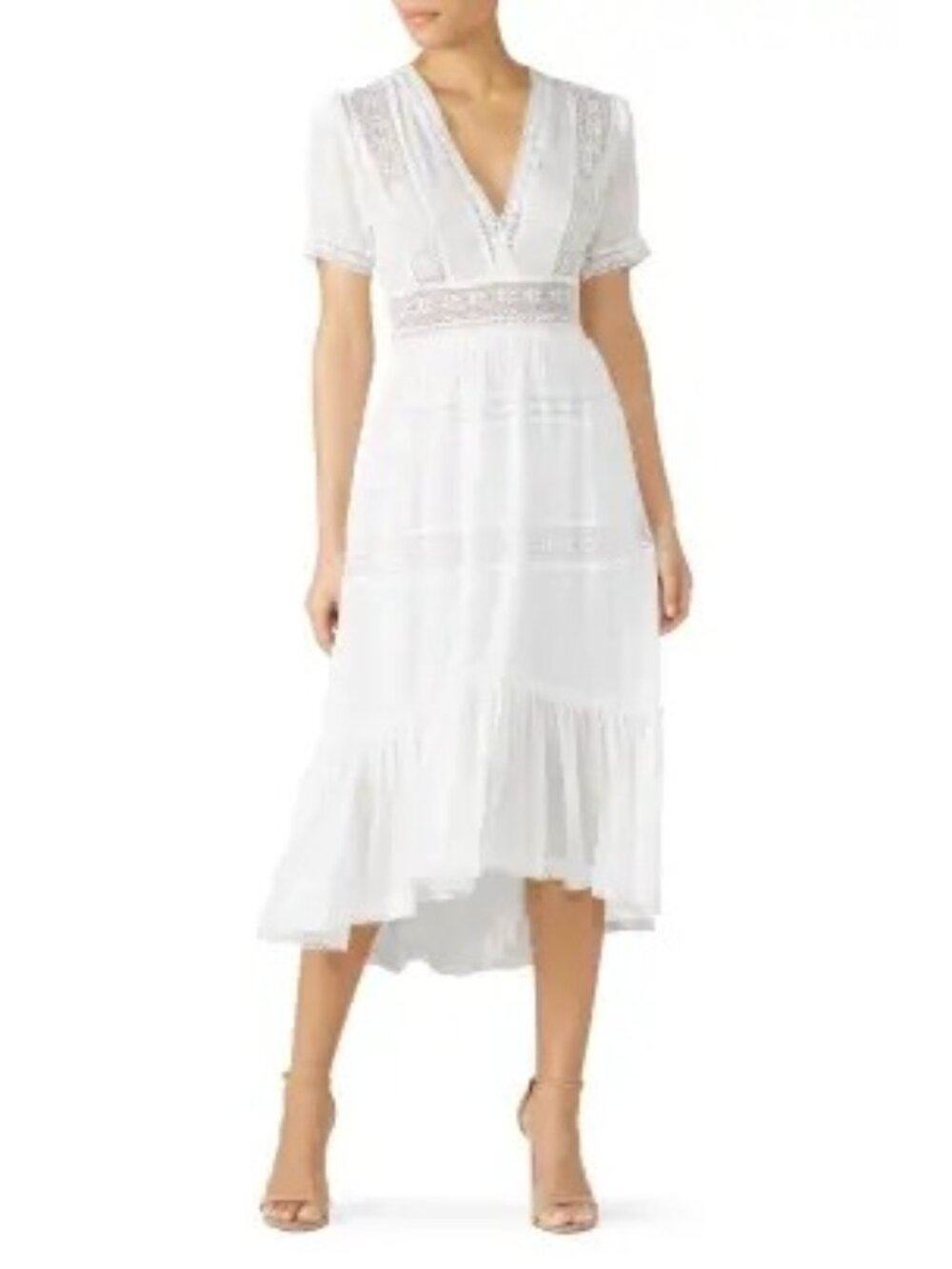 The Kooples White V-Neck Lace Inset Midi Dress Sz 1 B132